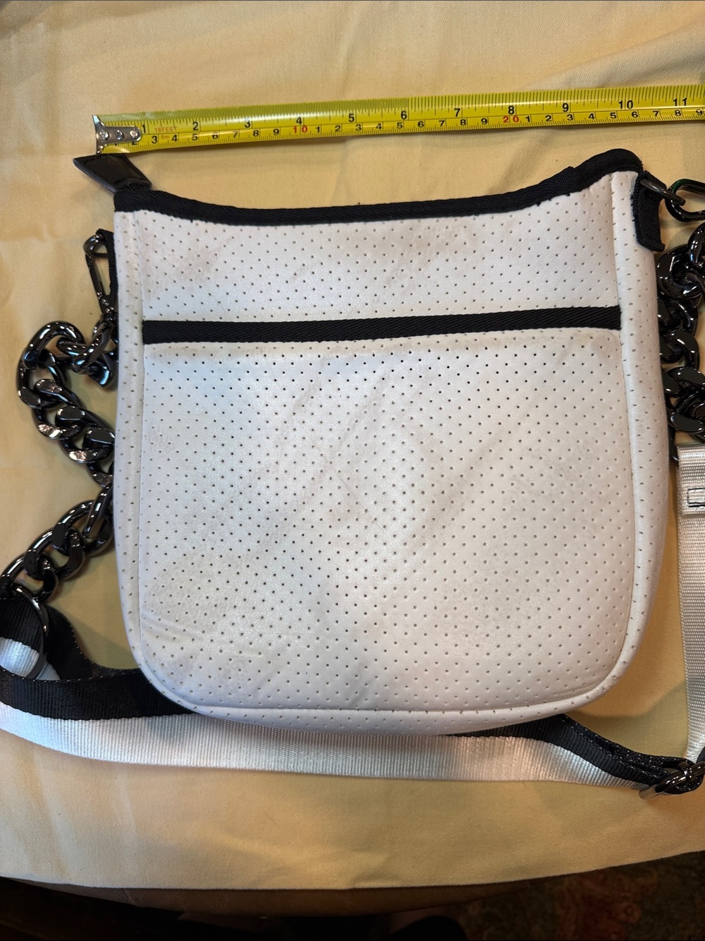 HAUTE SHORE White Crossbody with Black Trim and Chain Accent